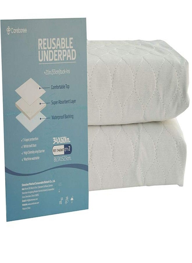 Careboree Pack of 2 Cotton Top-Layer Reusable Tuckable Underpads Incontinence Bed Pads Queen 34"X60" Washable 21" Wings - Image 3